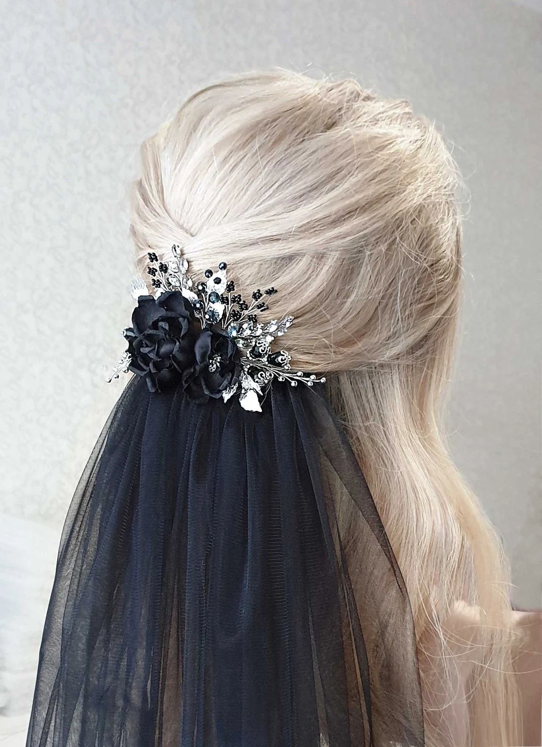 Black Flower Comb Gothic Wedding Hair Piece Black Wedding Veil - Etsy | Etsy (US)