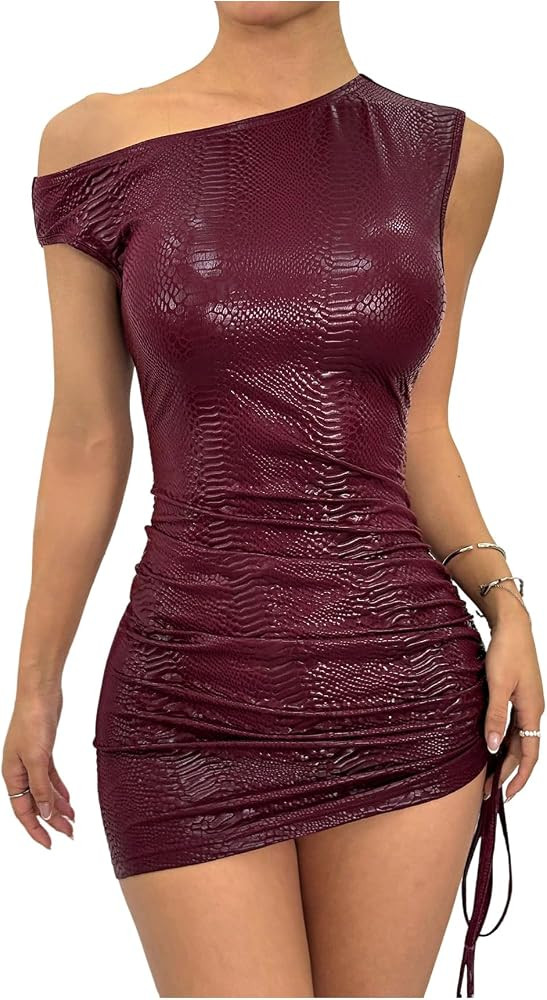 Milumia Women's Off Shoulder Pu Leather Mini Dress Sexy Drawstring Ruched Party Club Short Dresse... | Amazon (US)