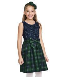 Girls Christmas Sleeveless Sequin Plaid Knit To Woven Dress | The Children's Place  - SPRUCESHAD | The Children's Place
