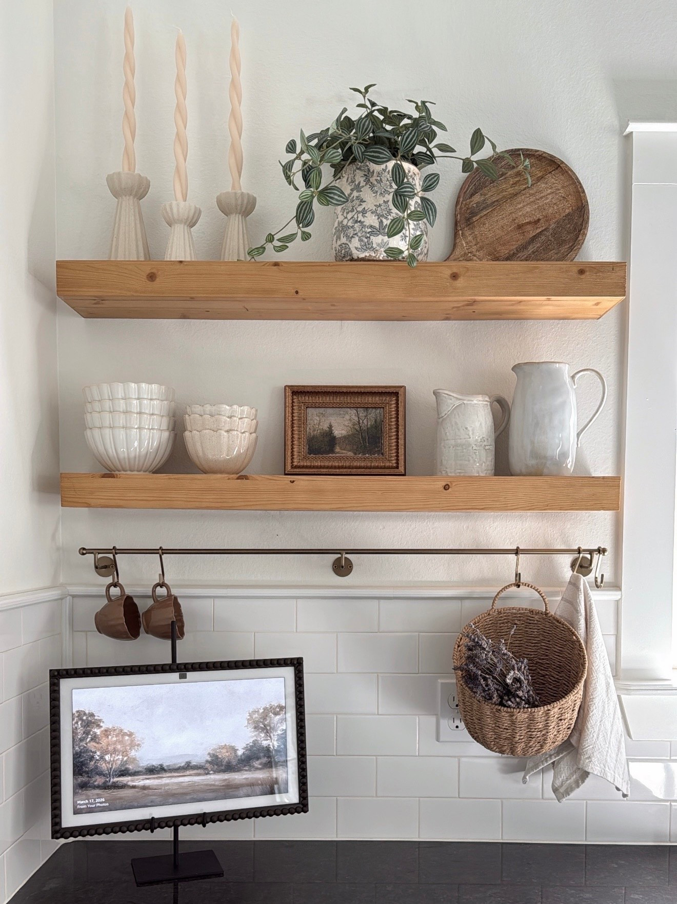 Cozy cottage shelf refresh. ☀️ I downloaded some landscape portraits to display on my Amazon Evho Show 15 and now it looks just like a piece of art and fits in perfectly with my decor  

#LTKHome
