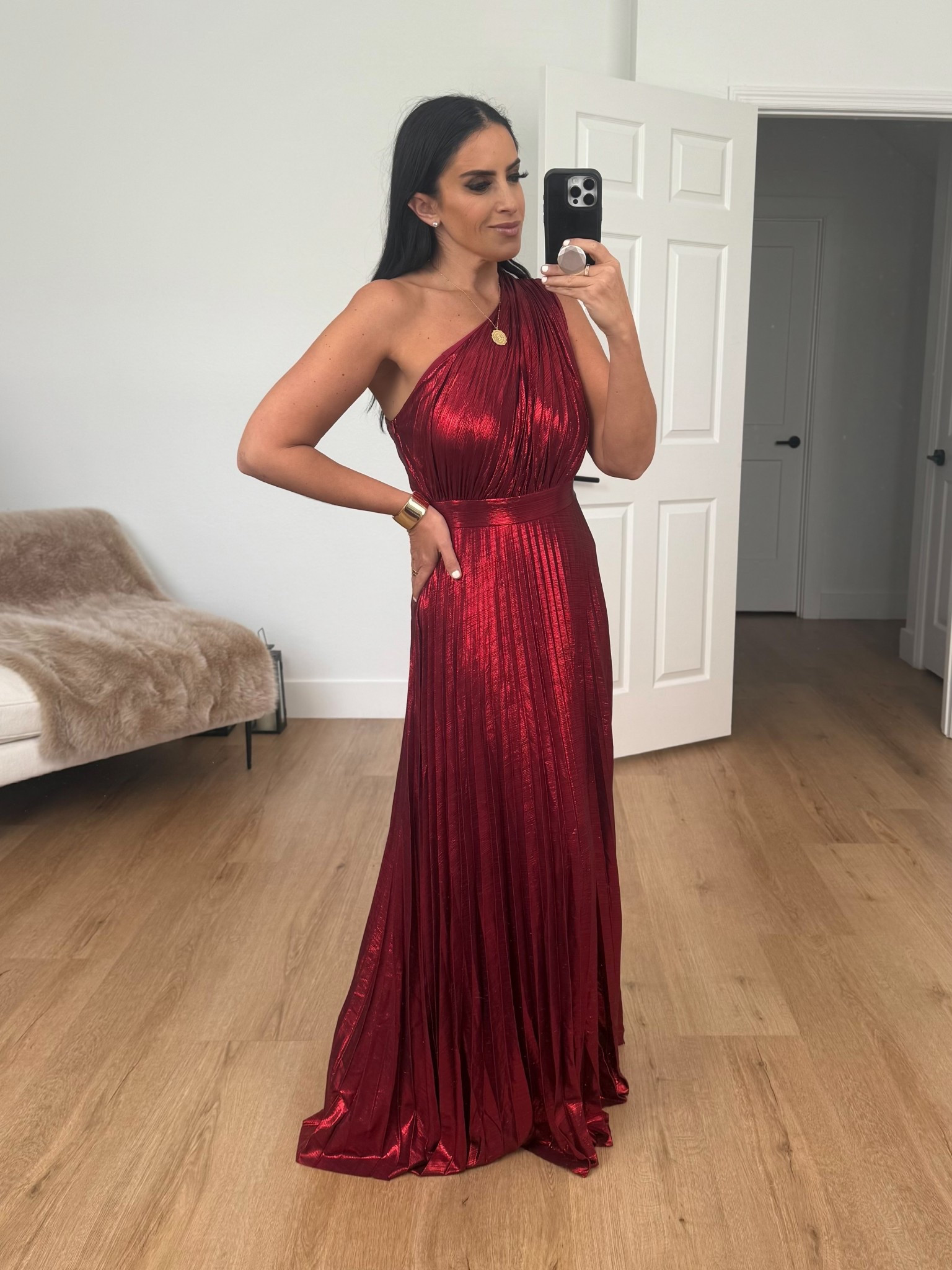 One Shoulder Sleeveless Elegant Pleated Long Dress wearing szie small. 