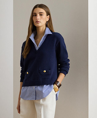 Women's Layered Button-Trim Spread Collar Sweater | Macy's
