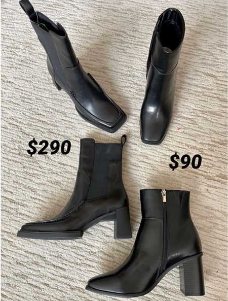 I’ve been looking for a pair of square toe black boots and these are both cute:
1. Vagabond boots: fit tts, real leather, lower heel, more fitted top
2. Amazon the drop: much better price, vegan leather, higher heel, roomy fit, I could go down 1/2 size 
Also linked a few other pairs, one being a Vagabond pair that’s the perfect combo of these two