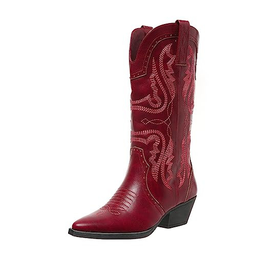 SelRoys Cowboy Boots for Women Cowgirl Mid Calf Western Boots Embroidered Stitched Pointed Toe Chunky Block Heel Brown Red Black US5-11, red, 8 | Amazon (US)