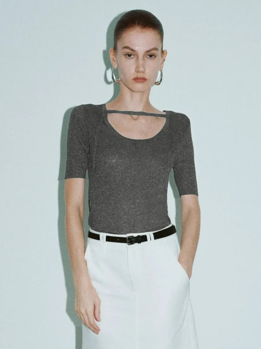 Keyhole Neck Skinny Knitted T-Shirt | Urban Revivo