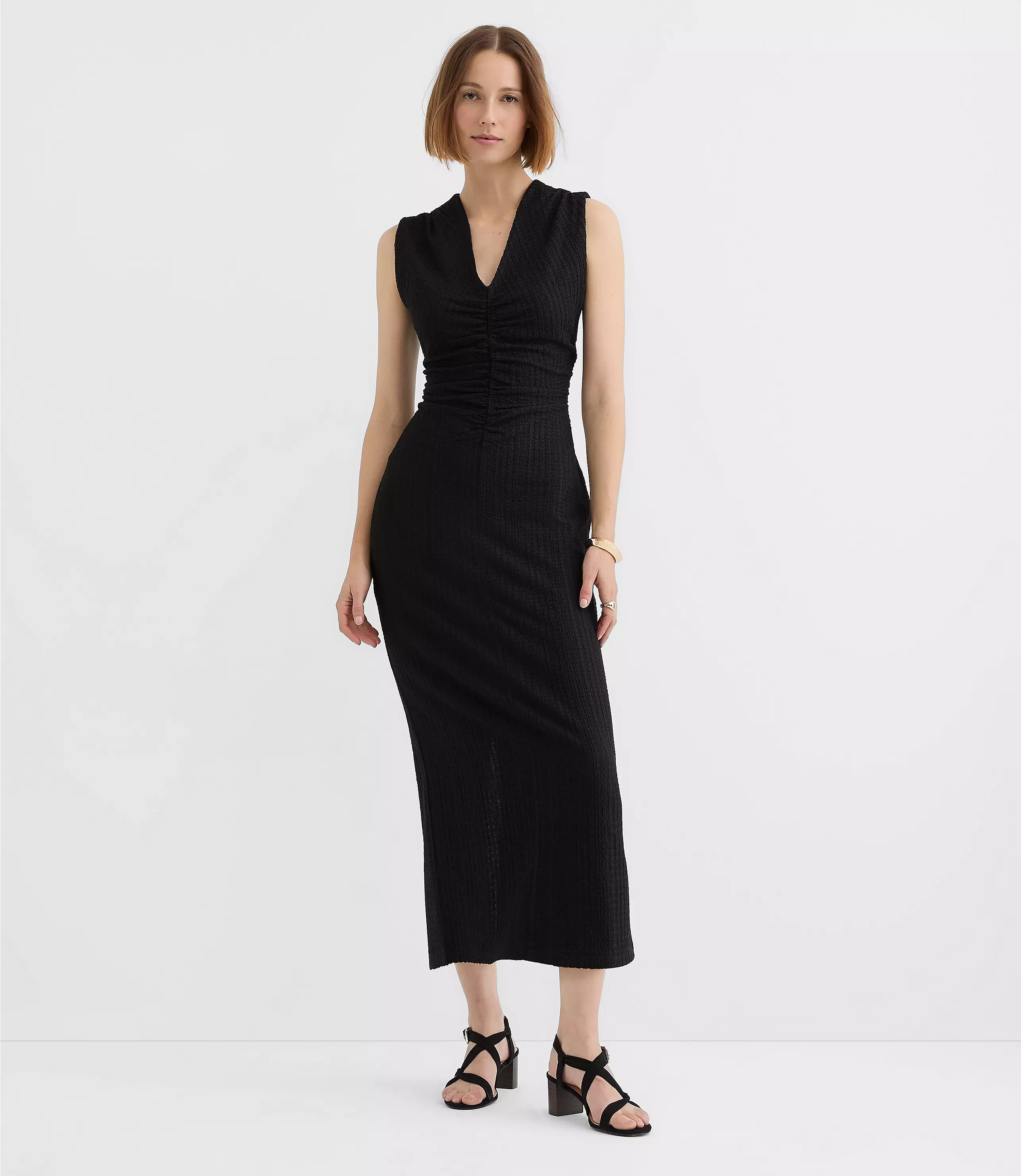 Textured Ruched V-Neck Midi Dress | LOFT