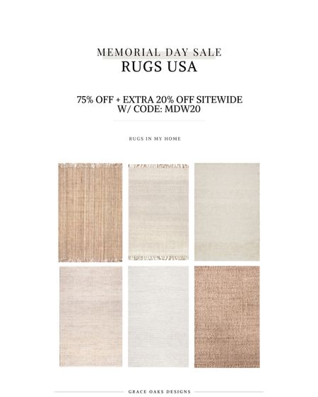 MEMORIAL DAY RUGS USA SALE - my
favorite rugs 75% off + extra 20% off sitewide w/code: MDW20

jute rug. Neutral rug. Rug sale. Memorial Day sale. rugs USA. Rugs. Outdoor rug. Woven rug. Wool rug. 

#LTKhome #LTKFind #LTKsalealert