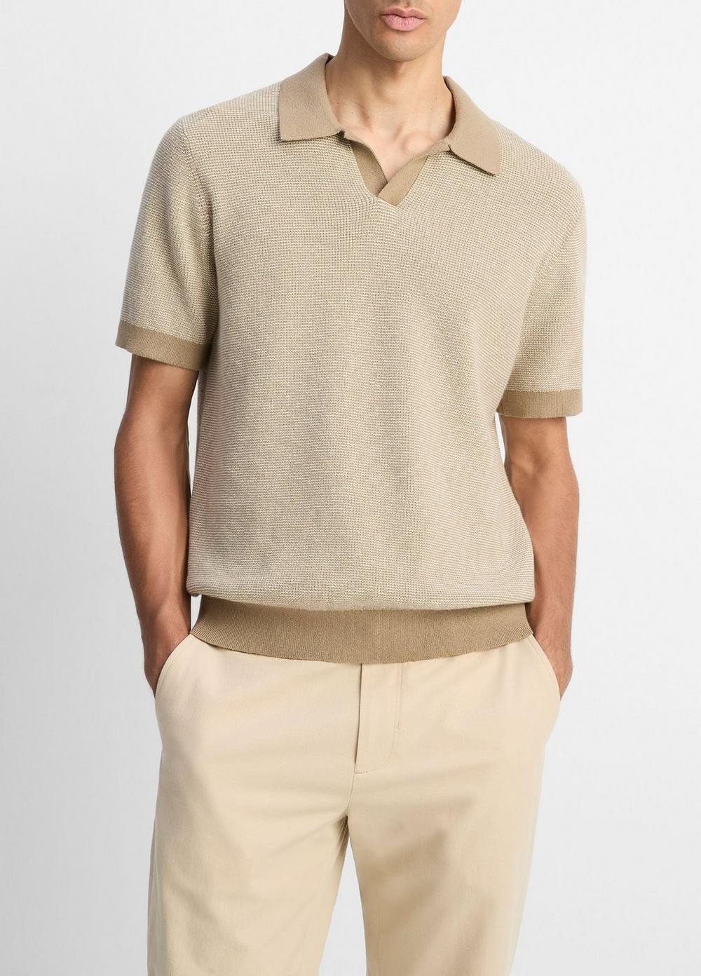 Men's Colorblocked Feed-Stripe Cotton-Cashmere Johnny-Collar Sweater, Canyon/horchata, Size S Vince | Vince LLC