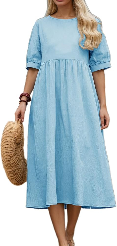 Half Puff Sleeve Cotton Linen Dress for Women Summer Casual Crewneck High Waist Flowy Beach Vacat... | Amazon (US)