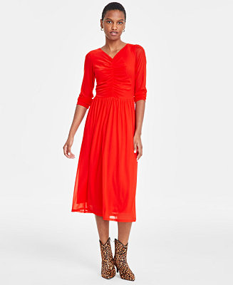 On 34th Women's Ruched-Mesh Midi Dress, Created for Macy's - Macy's | Macy's