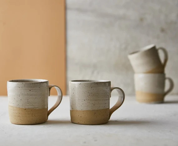 Set of 2 Rustic Cream Ceramic Coffee Mugs, Pottery Handmade Mugs Set, Medium Size Tea Mugs with H... | Etsy (US)