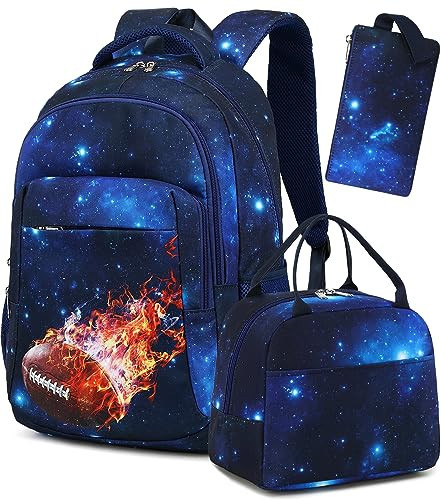 LEDAOU Backpack for Boys Teens School Bags Kids Bookbags Set School Backpack with Lunch Box and Pencil Case (Flame Rugby) | Amazon (US)