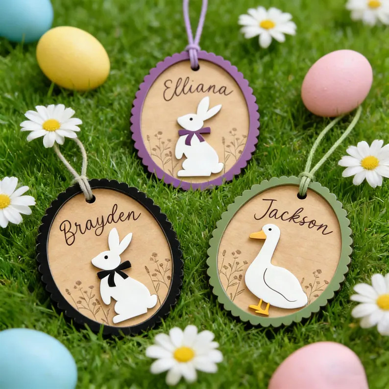 Personalized Wooden Easter Bunny Name Ornament, Round Custom Bunny Tag for Kids Baskets and Sprin... | Etsy (US)