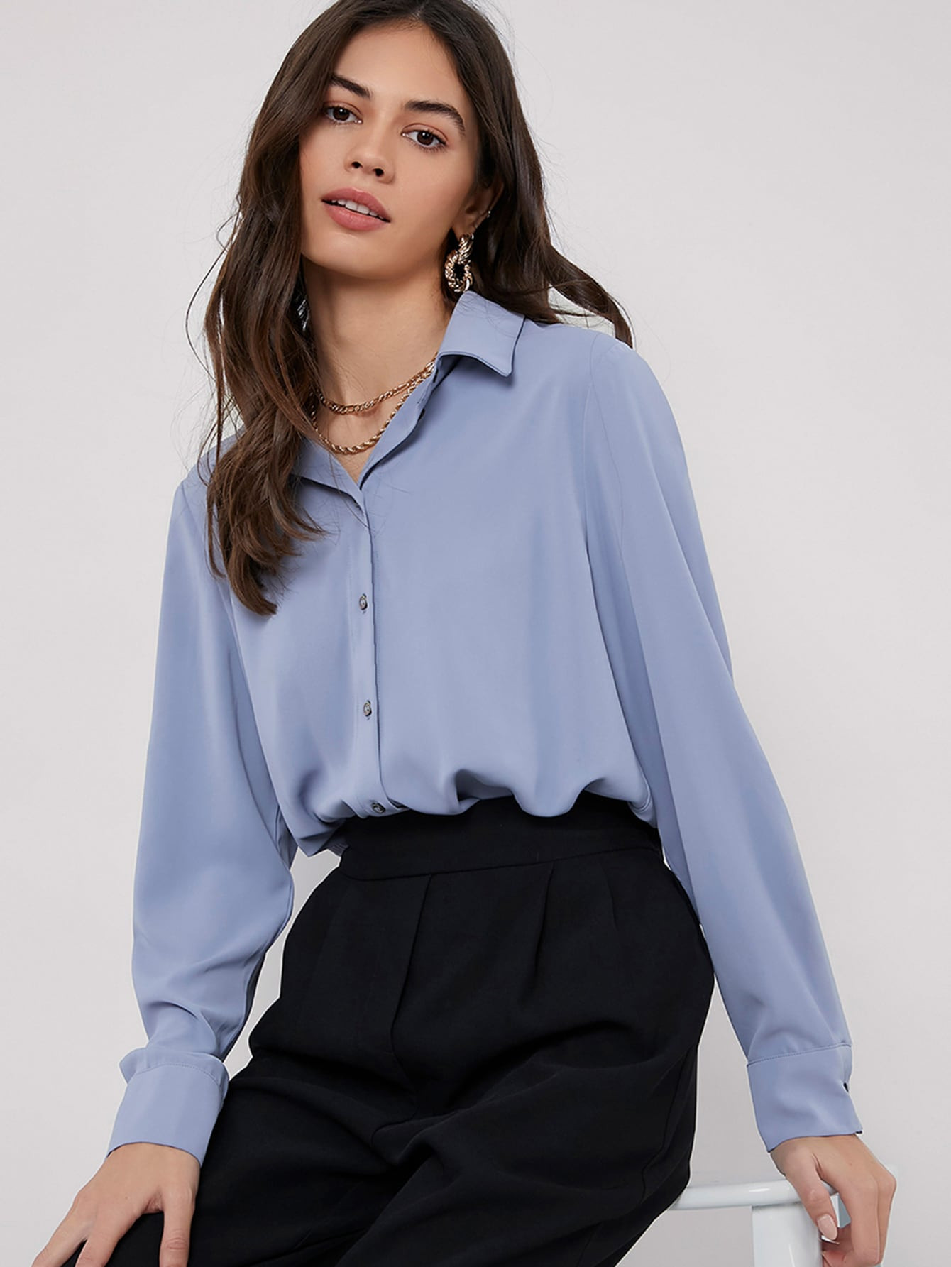 SHEIN BIZwear Fold Pleated Back Solid Shirt Workwear | SHEIN