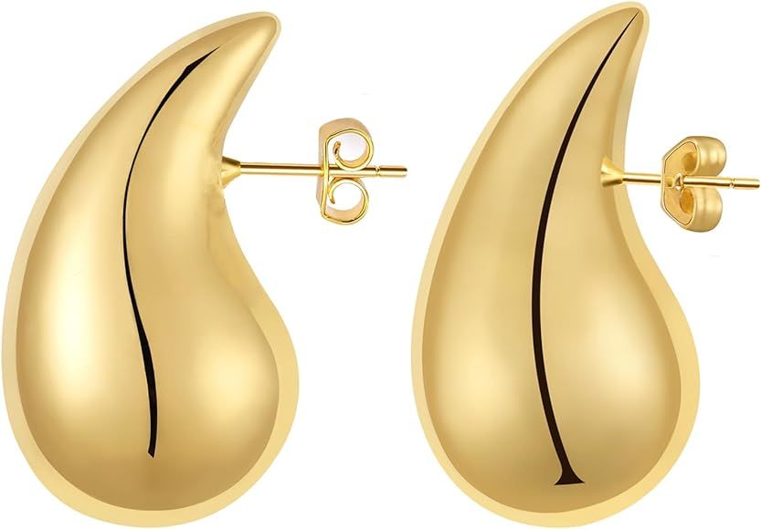 Vuleto Small/Large Drop Earring Dupes, Chunky Gold Hoop Earrings for Women Girls, 18k Gold Lightw... | Amazon (US)