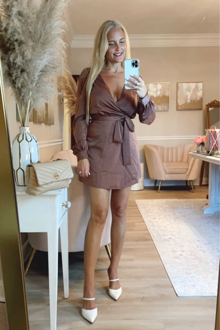 A gorgeous brown silk long sleeve wrap dress that is perfect for fall. 

#LTKstyletip #LTKshoecrush #LTKSeasonal