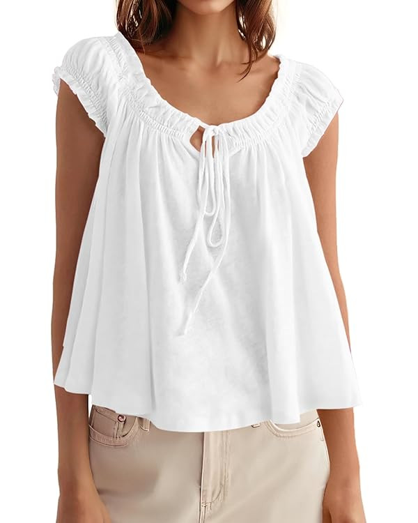 Tankaneo Women Summer Tie Front Tank Tops Cap Sleeve Pleated Babydoll Tops Casual Loose Fit Going... | Amazon (US)