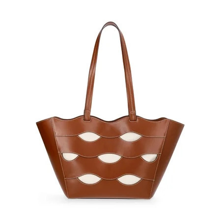 Free Assembly Women's Allegra Faux Leather Cut Out Tote Handbag, Cognac/Cream | Walmart (US)
