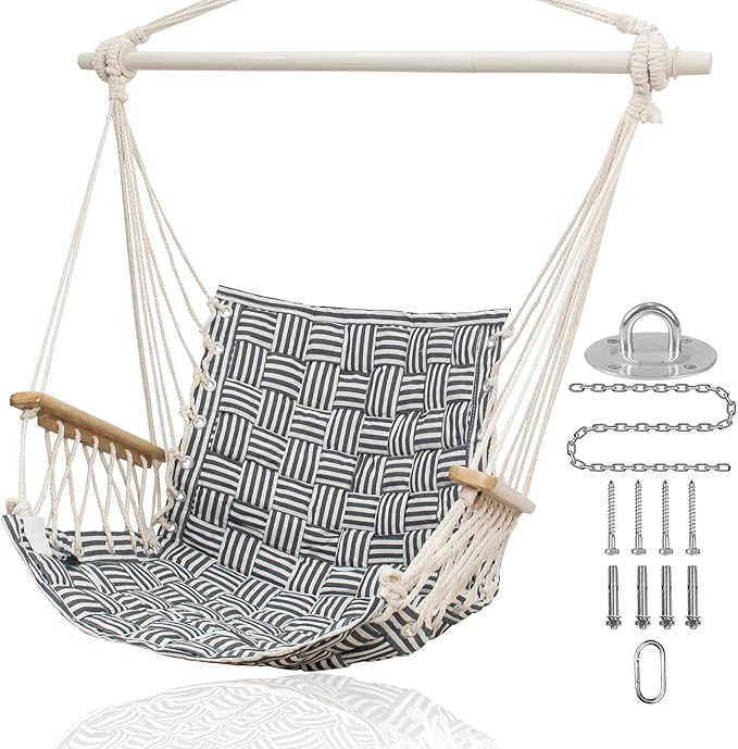[Upgraded] Hammock Chair Hanging Swing with Wooden Armrests;Steel Spreader Bar and Anti-Slip Ring... | Amazon (US)