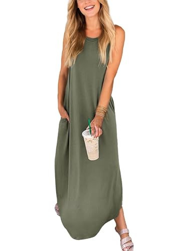 Teepie Woman Sleeveless Dress Vacation Outfits Split Maxi Dress Casual Boho Sun Dress Cute Fashion Summer Dress Olive Green M | Amazon (US)