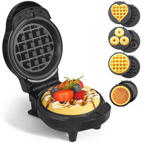 UVFAST Mini Waffles Maker with 8 Removable Plates, 4 in 1 Small Waffle Maker Mini- Waffle, Heart Waffle, Pancake, Donut, 4.5" Non Stick Waffle Iron for Kids and Families, Black | Amazon (US)