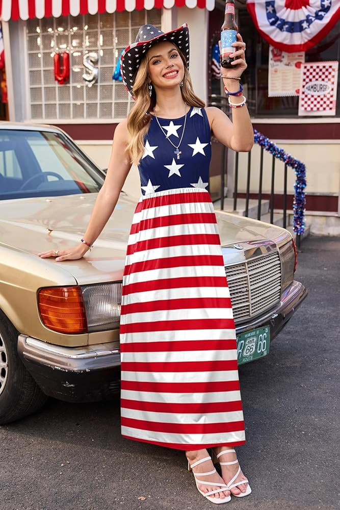 For G and PL Womens 4th of July Maxi Dress American Flag Sleeveless Long Dress with Pockets | Amazon (US)