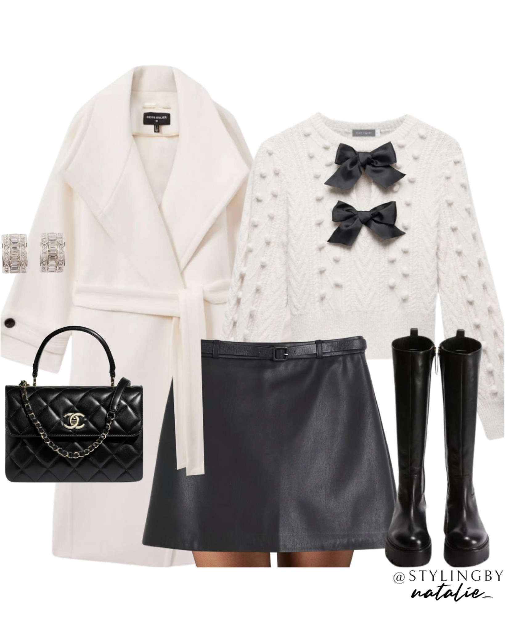 White wool coat with tie belt, cable knit bow detail jumper, faux leather mini skirt, chunky knee high flat leather boots, sheer tights and silver earrings.
Cashmere, knitwear, sweater, skirts, boots, autumn winter outfit.

#LTKstyletip #LTKautumn #LTKshoes