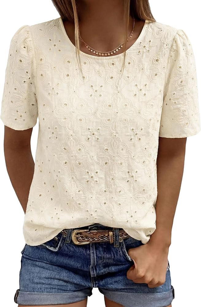 PRETTYGARDEN Embroidered Eyelet Tops for Women Summer Blouses Dressy Casual 2026 Spring Work Teac... | Amazon (US)