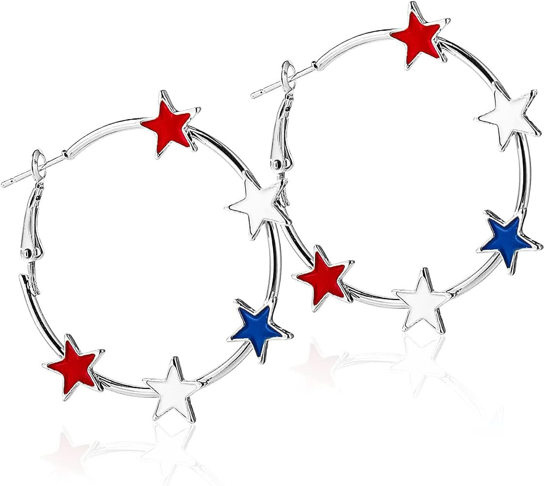 Pingyongchang Red White Blue Star Hoop Earrings 4th of July Earrings for Women Independent Day Ci... | Amazon (US)