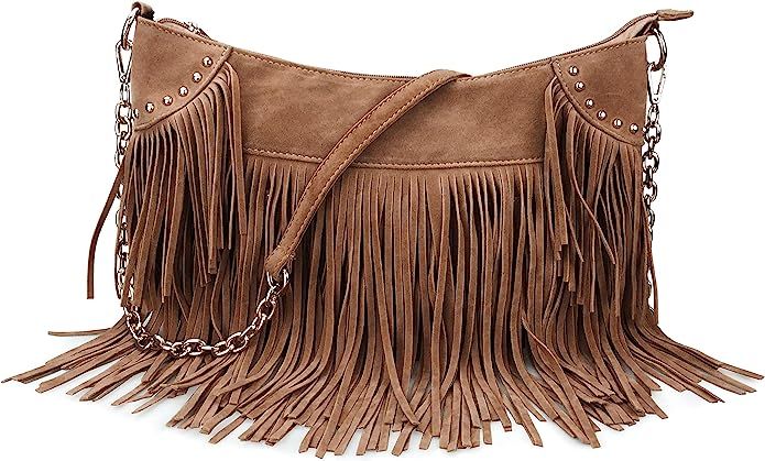 Hoxis Studded Tassel Faux Suede Leather Hobo Cross Body Chain Shoulder Bag Women’s Satchel | Amazon (US)