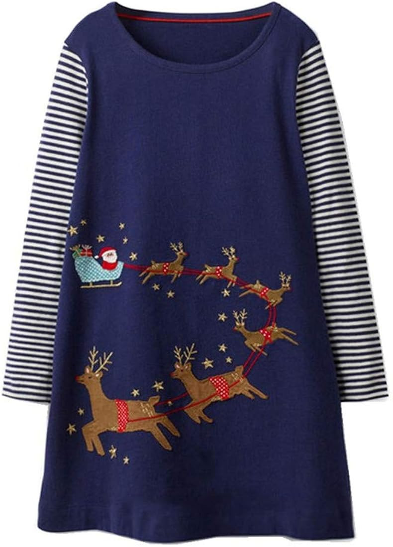 Girl Christmas Dress Cotton Casual Winter Long Sleeve Blue Stripe Basic Shirt Tunic Jersey Dress | Amazon (UK)