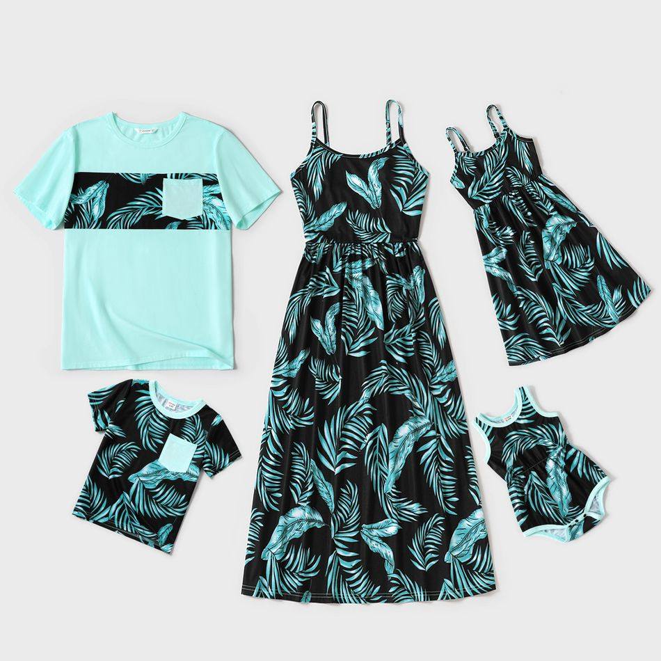 Family Matching All Over Plant Print Spaghetti Strap Midi Dresses and Splicing Short-sleeve T-shi... | PatPat
