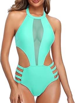 Tempt Me Women One Piece Mesh Swimsuit High Neck Halter Cutout Monokini Swimwear | Amazon (US)