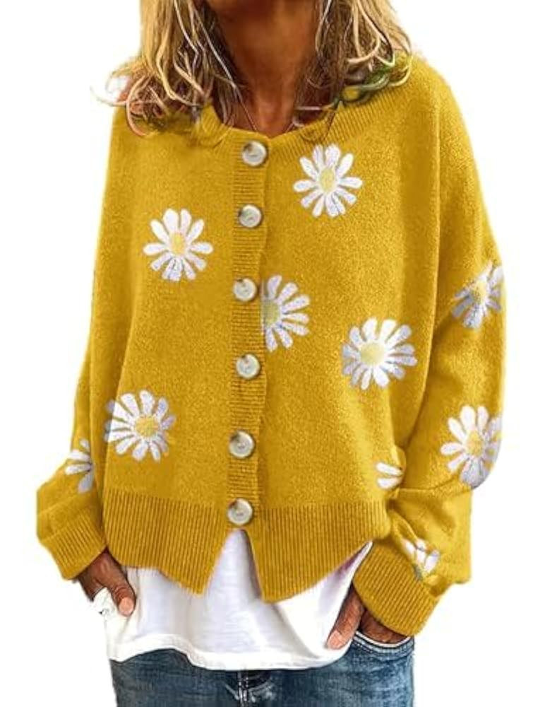 utcoco Women's Oversized Cropped Cardigan Sweaters Vintage Artistic Floral Print Cable Knit Sweat... | Amazon (US)