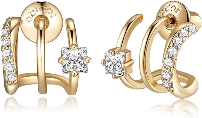 Obidos 14K Gold Plated Triple Huggie Illusion Stud Earrings | Double Huggie Hoop Earrings for One... | Amazon (US)