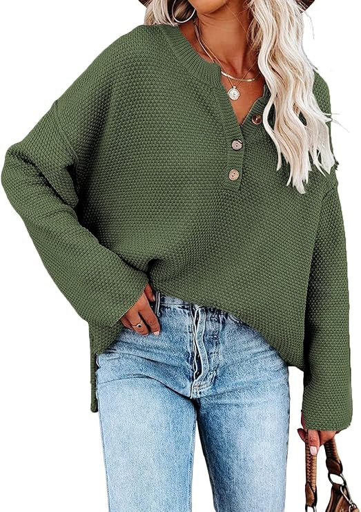 SHEWIN Women's Long Sleeve V Neck Button Knit Fall Pullover Sweaters Knit Jumper Tops | Amazon (US)