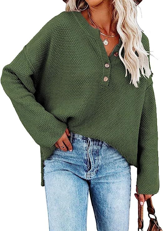 SHEWIN Women's Long Sleeve V Neck Button Knit Fall Pullover Sweaters Knit Jumper Tops | Amazon (US)