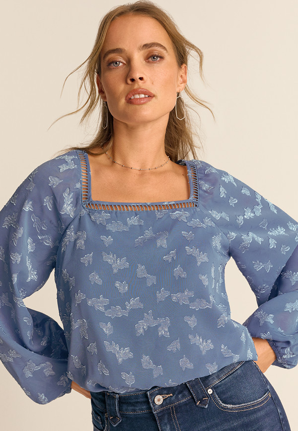 Blue Jacquard Floral Lace Trim Blouse | Maurices
