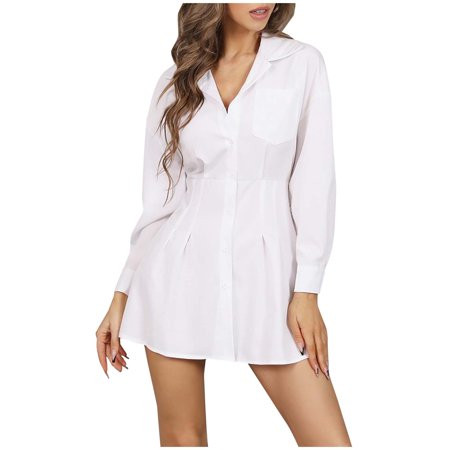 Women s White Shirt Dress Long Sleeve Button Down V Neck Mini Dress Suit Dress Loose Fit Turn Down C | Walmart (US)