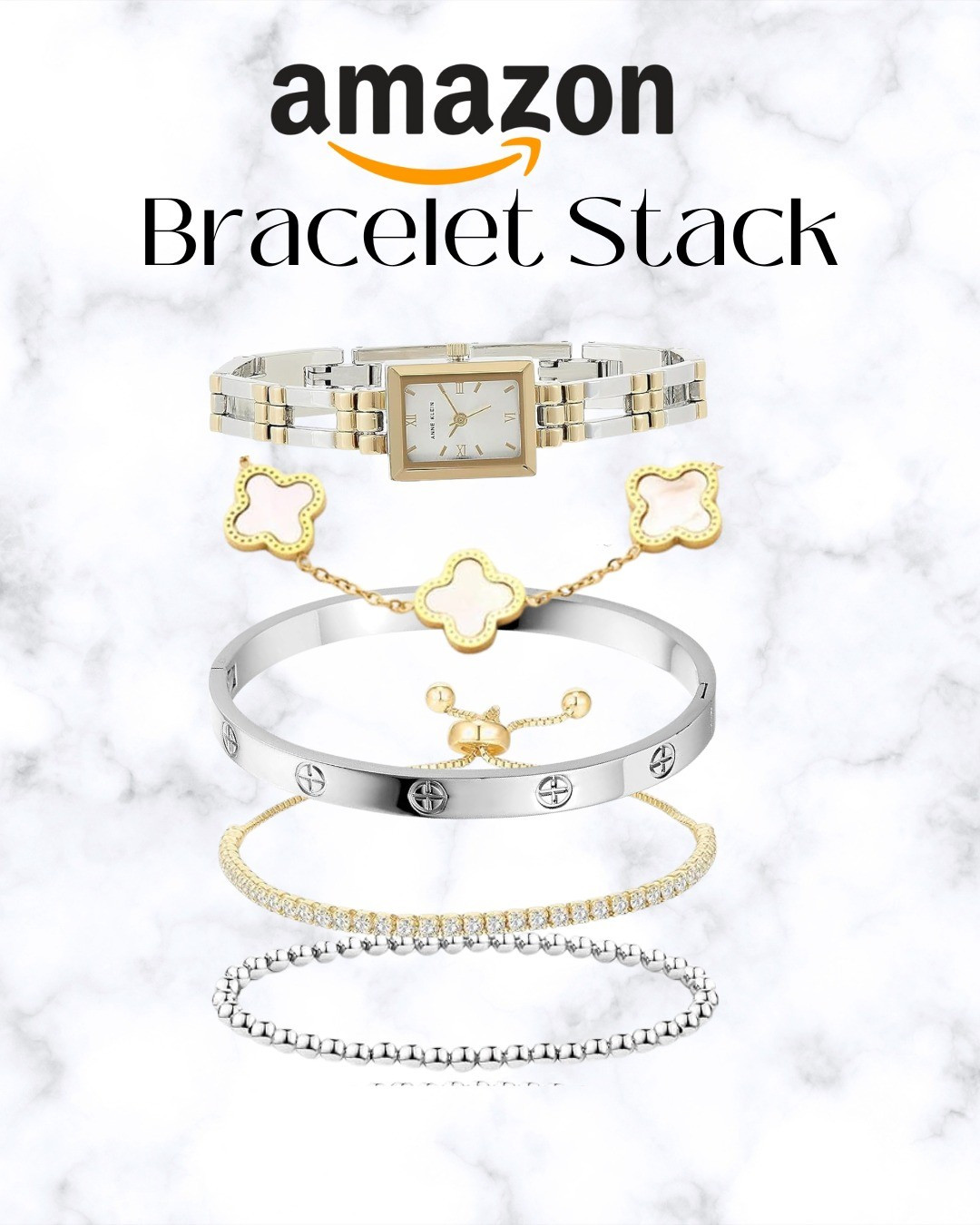 Perfect bracelet stack with mixed metals gold and silver for the baddie on a budget 👌Anna klein watch, clover van cleef dupe, Cartier cuff dupe, tennis bracelet and beaded bracelet 

#LTKstyletip #LTKfindsunder50 #LTKFestival