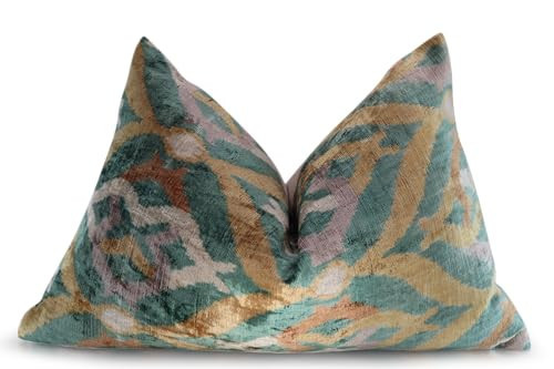 CANVELLO Handmade Velvet Ikat Throw Pillow - 16x24” Luxury Decorative Cushion with Premium Down Feather Insert - Soft & Stylish Home Decor Accent in Green, Gold & Beige | Amazon (US)