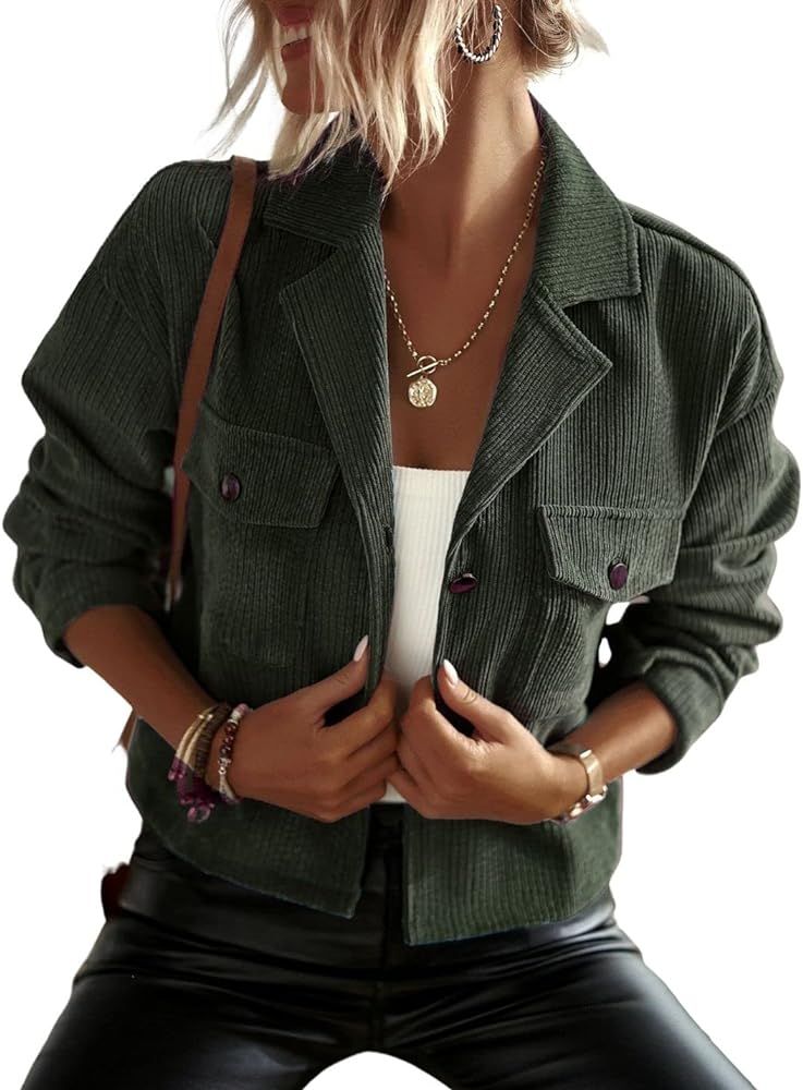 Kwoki Women's Cropped Shacket Casual Long Sleeve Button Down Corduroy Shirt Jacket with Pockets | Amazon (US)