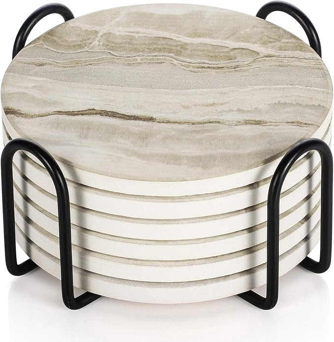 LIFVER Drink Coasters with Holder, Absorbent Coaster Sets of 6, Marble Style Ceramic Drink Coaste... | Amazon (US)