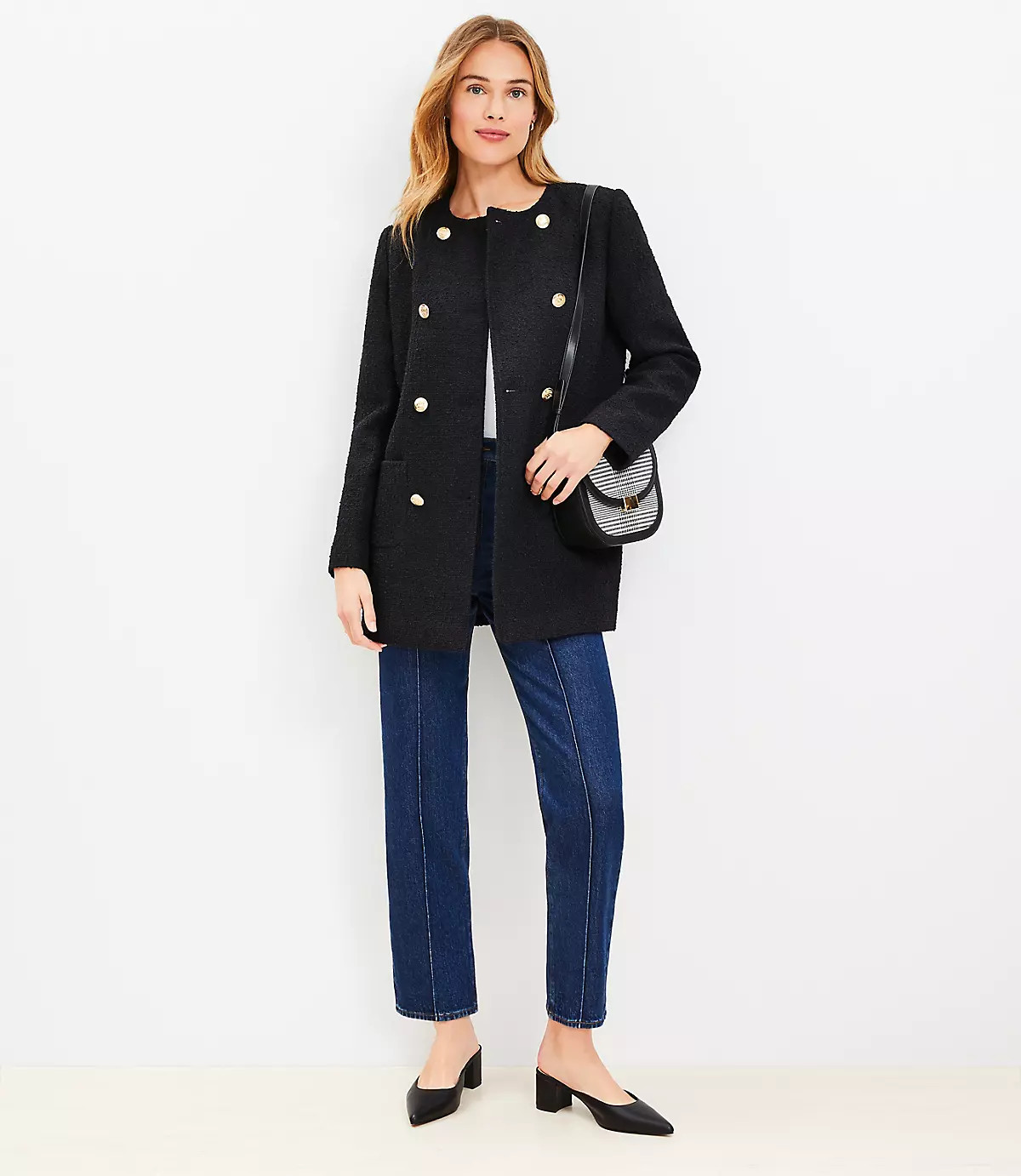 Tweed Long Collarless Jacket | LOFT