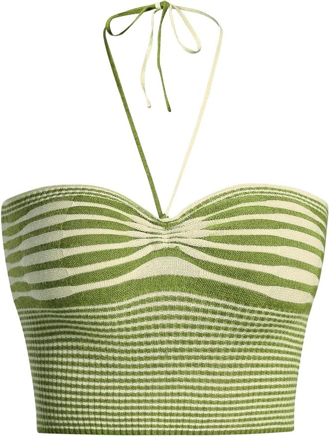 SweatyRocks Women's Striped Tie Backless Halter Top Sleeveless Knitted Crop Cami Tank | Amazon (US)