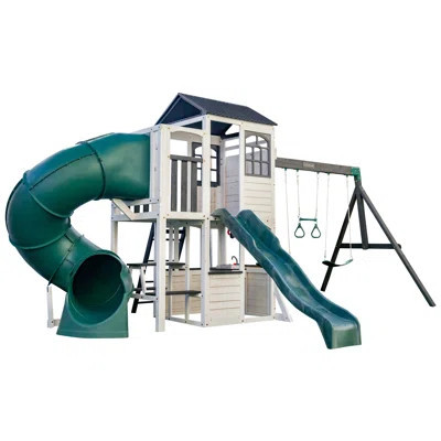 Wrangler Way Wooden Swing Set with 2 Slides, Play Kitchen, Picnic Bench and Ladder | Wayfair North America