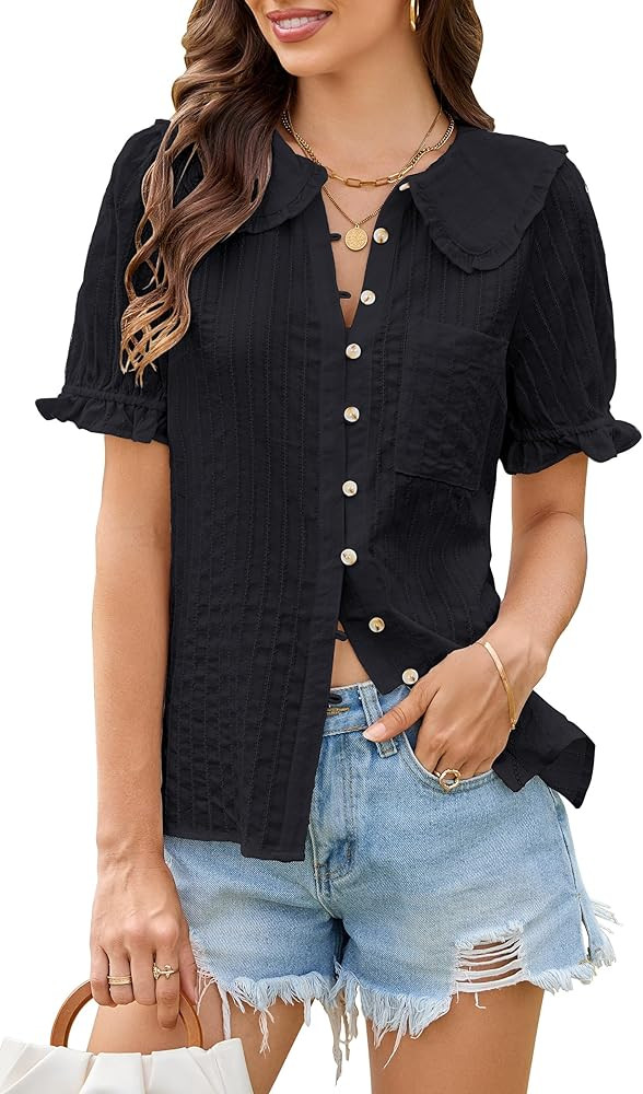 ECOWISH Women's Button Up Shirt - Peter Pan Collar Frilled Short Sleeve Summer Tops Casual Cotton... | Amazon (US)