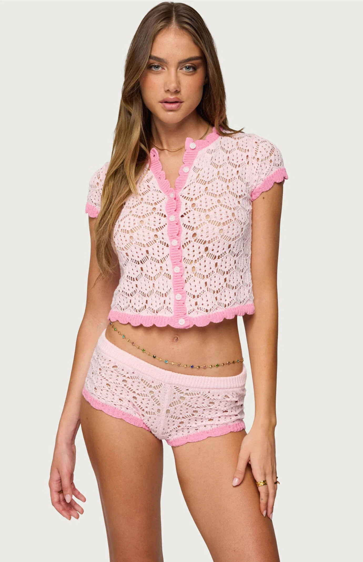 Edikted Women's Elisa Open Knit Button Up Top in Light Pink - Size Small | PacSun