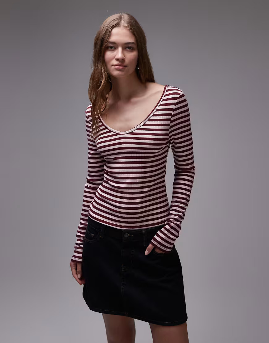 Topshop striped v-neck top in pink and burgundy | ASOS (Global)