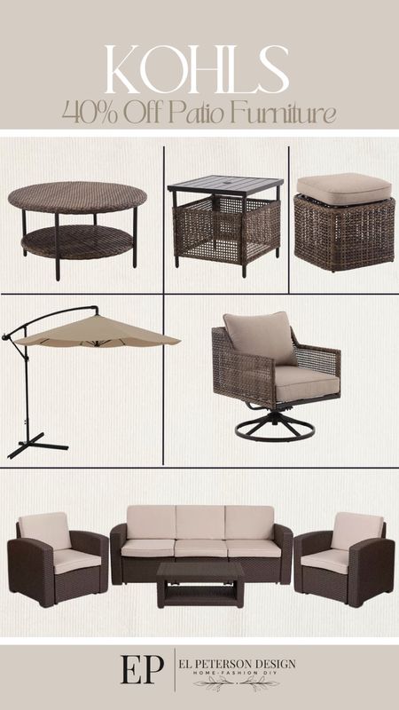 Patio furniture
Umbrella
Wicker chair
Wicker coffee table 
Ottoman
3 piece outdoor seating 

#LTKhome #LTKsalealert